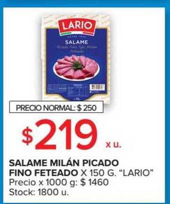 Carrefour Market Lario Salame Milán Picado Fino Feteado x 150g. oferta