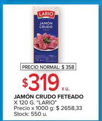 Carrefour Market Lario Jamón Crudo Feteado x 120g. oferta