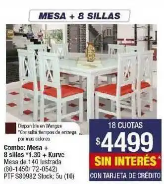 Lombardi Combo : Mesa + 8 Sillas 1.30 + Kurve oferta
