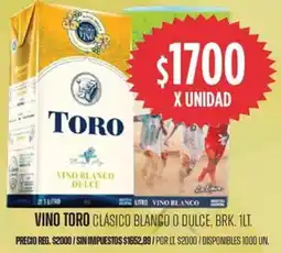 Supermercados Vea Toro vino clásico blanco o dulce, brk. oferta