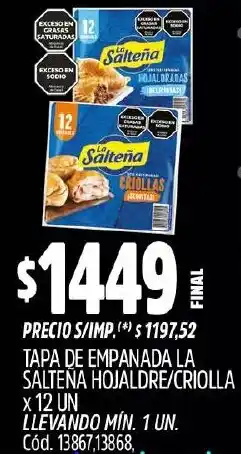 Supermercados Yaguar La salteña tapa de empanada hojaldre/criolla oferta