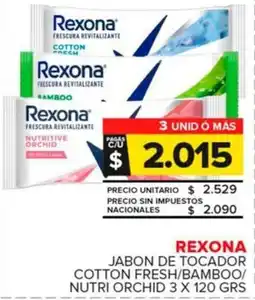 Carrefour Maxi Rexona jabon de tocador cotton fresh/bamboo/ nutri orchid oferta