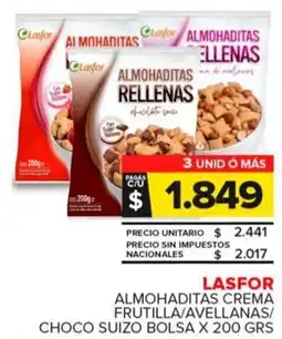 Carrefour Maxi Lasfor almohaditas crema frutilla/avellanas/ choco suizo bolsa oferta