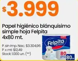 Changomas Felpita papel higiénico blánquisimo simple hoja oferta