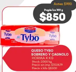 Supermercados Tadicor Tybo queso sobrero y cagnolo horma oferta