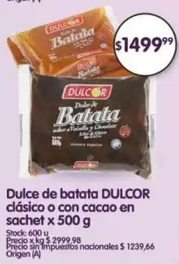 Supermercados Buenos Días Dulcor dulce de batata clásico o con cacao en sachet oferta
