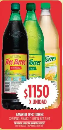 Supermercados Vea Tres torres amargo serrano, blanco o limón, bot. oferta