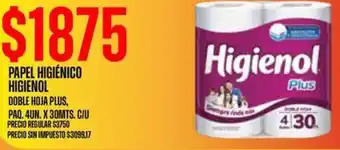 Higienol papel higiénico doble hoja plus, paq.