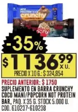 Coto Suplemento en barra crunchy coco mani/popcorn not protein bar, paq. oferta