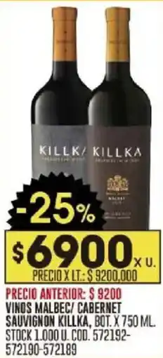Coto Killka vinos malbec/ cabernet sauvignon, bot. oferta