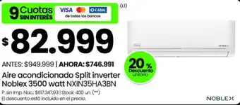 Noblex aire acondicionado split inverter 3500 watt