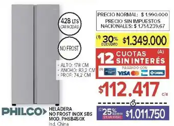 Philco heladera no frost inox sbs