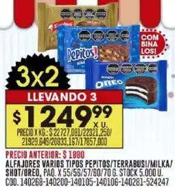 Coto Alfajores varios tipos pepitos/terrabusi/milka shot/oreo, paq. oferta