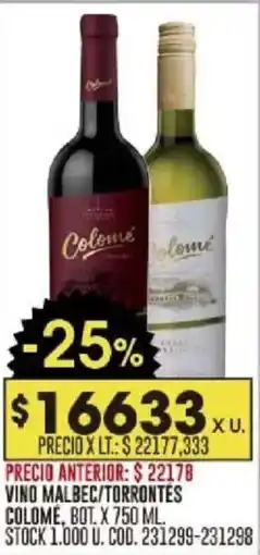 Coto Colome vino malbec/torrontes bot. oferta
