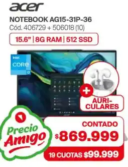 Naldo Lombardi Acer notebook AG15-31P-36 15.6" + auri- culares oferta