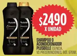 Supermercados Vea Plusbelle esencia shampoo o acondicionador vs presentaciones, bot. oferta