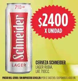 Supermercados Vea Schneider cerveza lager rubia, lat. oferta