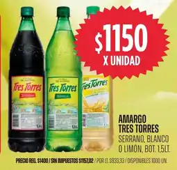 Supermercados Vea Tres torres amargo serrano, blanco o limón, bot. oferta