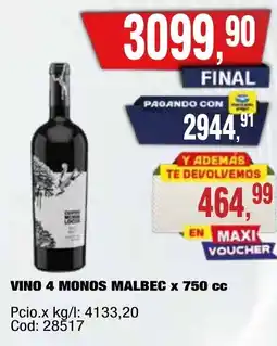 Maxiconsumo Vino 4 monos malbec oferta