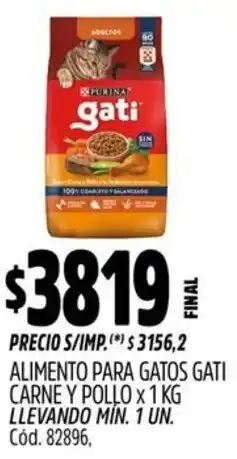 Supermercados Yaguar Purina gati alimento para gatos carne y pollo x 1kg llevando mín. 1 un. cód. 82896, oferta