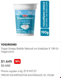 Disco Yogurisimo yogur griego batido natural sin endulzar oferta