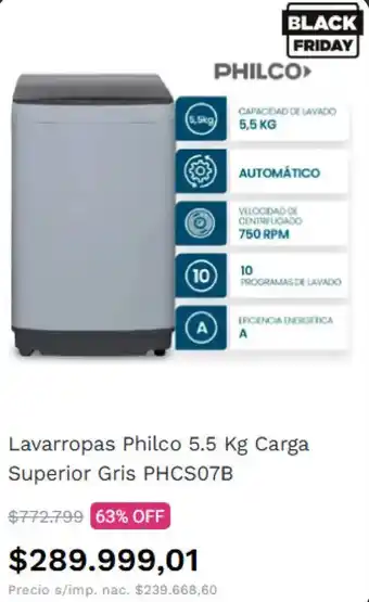 Frávega Philco lavarropas carga superior gris phcs07b oferta
