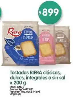 Supermercados Buenos Días Riera tostadas clásicas, dulces, integrales o sin sal oferta