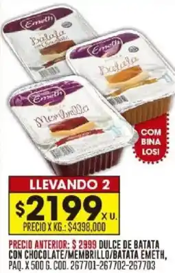 Coto Dulce de batata con chocolate/membrillo/batata emeth, paq. oferta