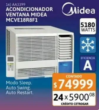 Cetrogar Aire acondicionado ventana midea mcve18r8f1 5180w frã­o solo oferta
