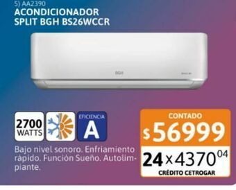 Cetrogar Aire acondicionado split bgh 2700w frã­o calor ea bs26wccr oferta