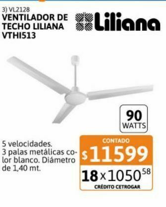 Cetrogar Ventilador de techo liliana 3p 5v ch bl 90w vthi513 oferta
