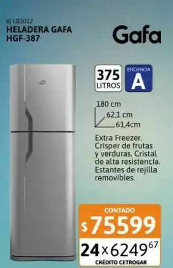 Cetrogar Heladera con freezer gafa 374 litros hgf-387 afp plata oferta