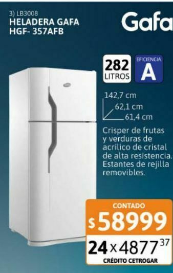 Cetrogar Heladera con freezer gafa 282 litros hgf-357 afb oferta