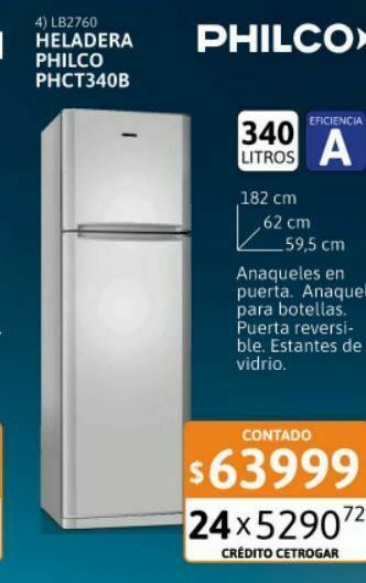 Cetrogar Heladera con freezer philco 340 litros phct340b oferta