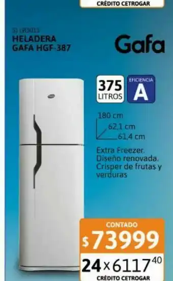 Cetrogar Heladera con freezer gafa 375 litros hgf-387 afb oferta