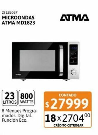 Cetrogar Microondas atma 23 litros digital md1823gn oferta