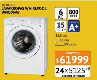 Cetrogar Lavarropas whirlpool wnq06ab 6 kg 800rpm blanco oferta