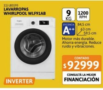 Cetrogar Lavarropas whirlpool sense inverter wlf91ab 9kg cf 1200rpm blanco oferta