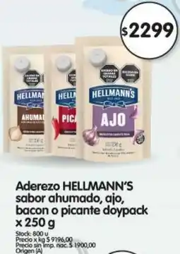 Supermercados Buenos Días Hellmann's aderezo sabor ahumado, ajo, bacon o picante doypack oferta