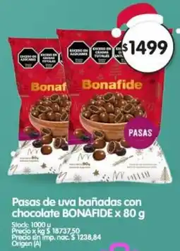 Supermercados Buenos Días Bonafide pasas de uva bañadas con chocolate oferta