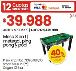 Changomas Mesa 3 en 1 metegol, ping pong y pool oferta