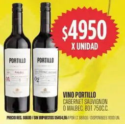 Supermercados Vea Portillo vino cabernet sauvignon o malbec, bot. oferta