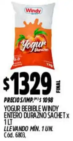 Supermercados Yaguar Windy yogur bebible entero durazno sachet oferta