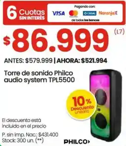 Changomas Philco torre de sonido audio system oferta