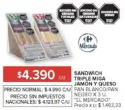 Carrefour El mercado sandwich triple miga jamón y queso pan blanco/pan negro oferta