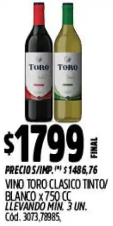 Supermercados Yaguar Toro vino clasico tinto/ blanco oferta
