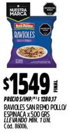 Supermercados Yaguar San remo ravioles pollo/ espinaca oferta