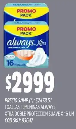 Supermercados Yaguar Always toallas femeninas xtra doble proteccion suave oferta