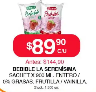 Supermercados Tadicor Bebible La Serenísima Sachet x 900 ml. Entero/ 0% Grasas. Frutilla/ Vanilla oferta