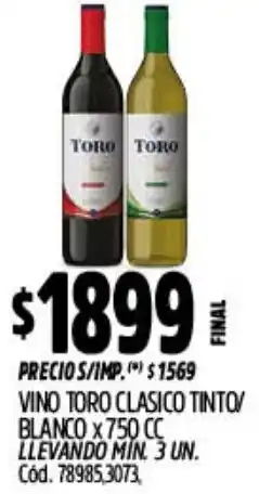Supermercados Yaguar Toro vino clasico tinto/ blanco oferta